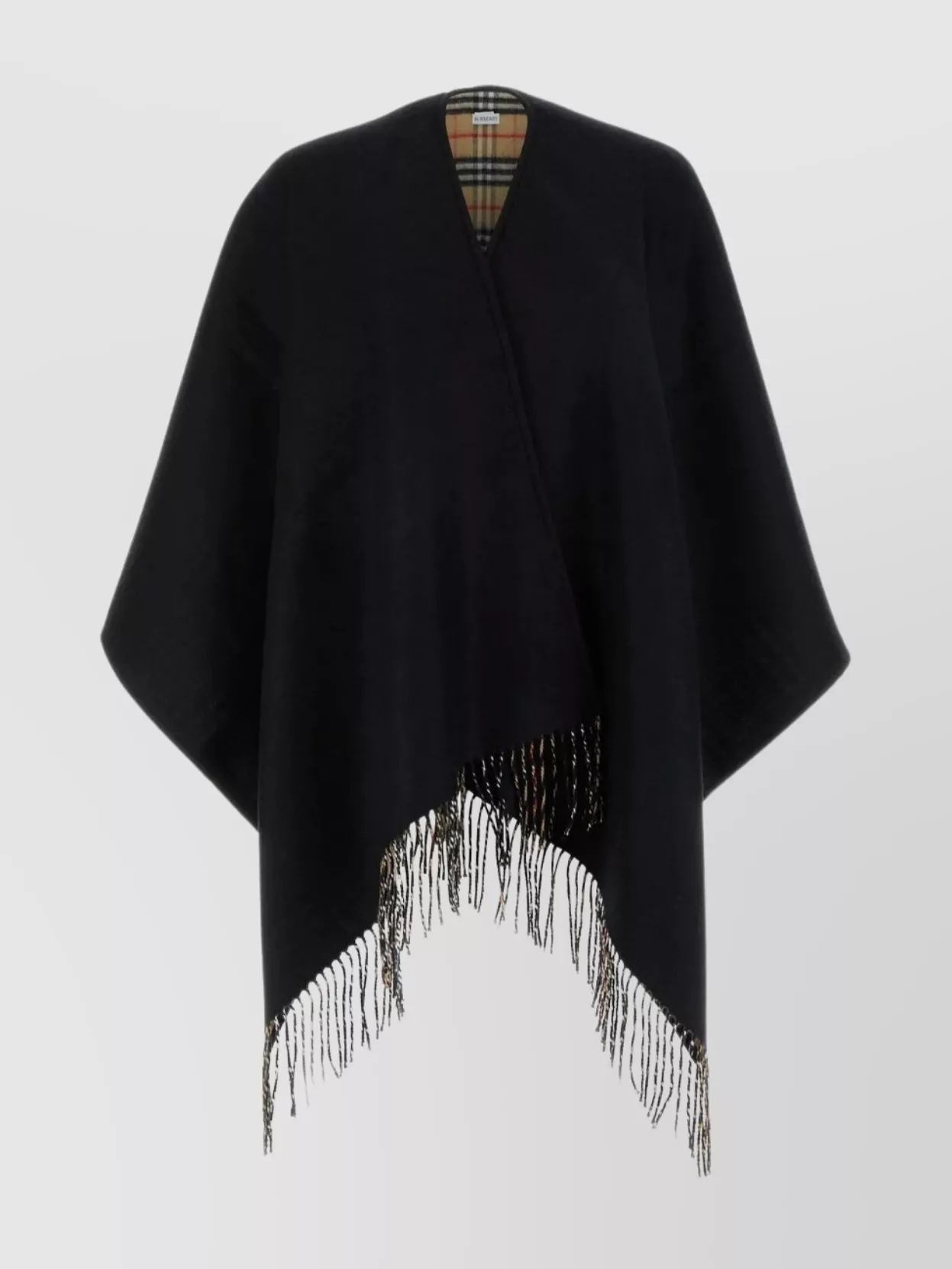 Burberry Wool Cape With Draped Silhouette And Fringe Detailing In Blue