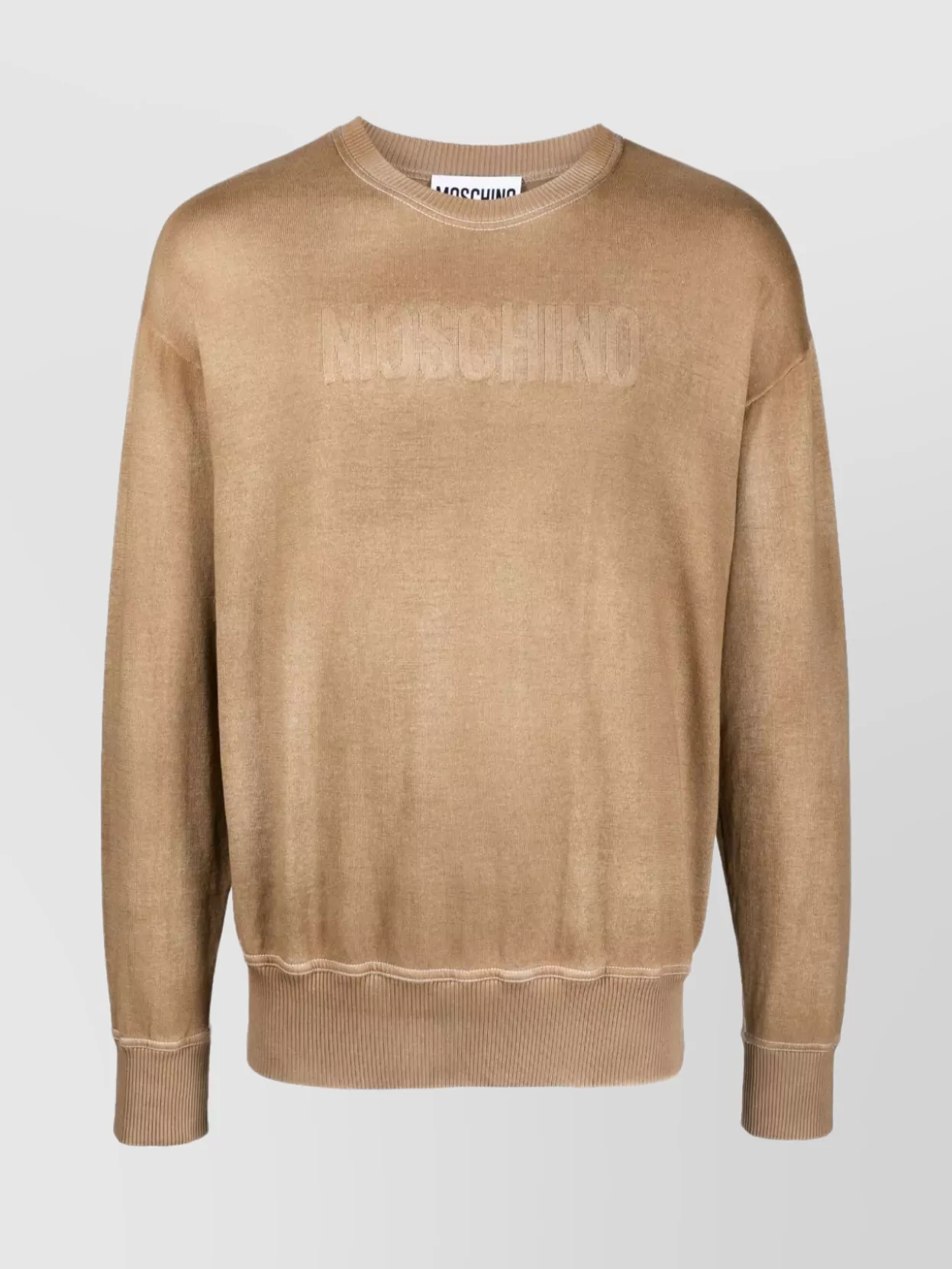 Shop Moschino Classic Ribbed Crewneck Sweater With Long Sleeves In Beige