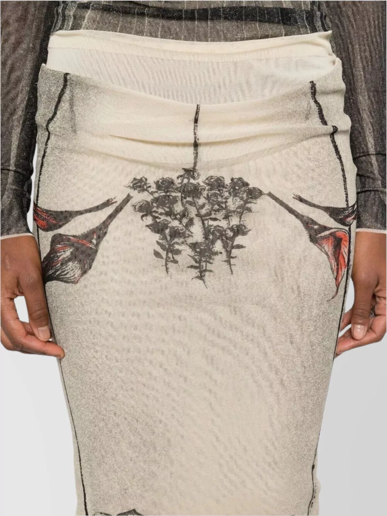 Jean Paul Gaultier Mesh Skirt Double Layer Printed Tattoo Rose & Bird