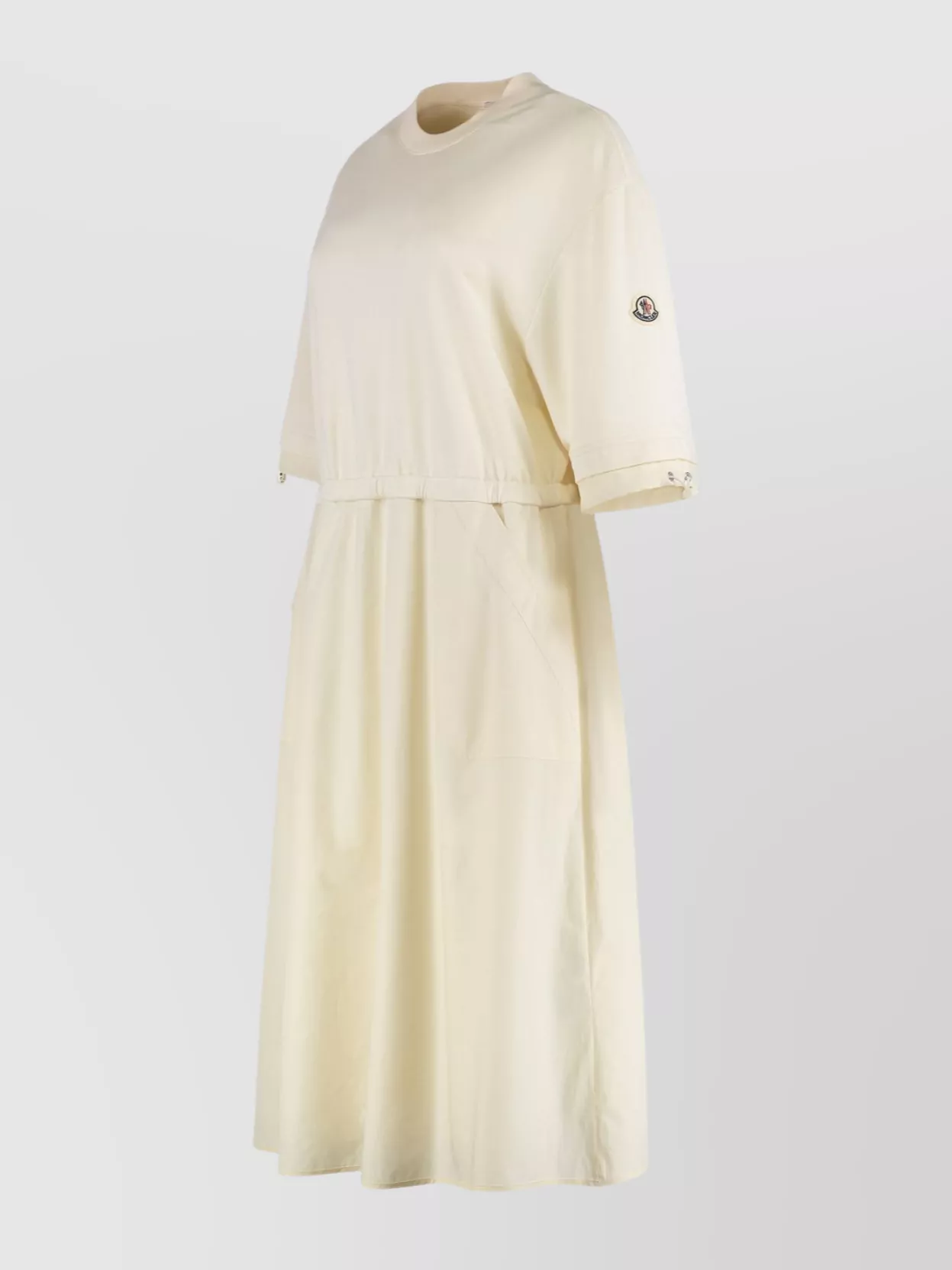 Moncler Midi Cotton Dress Featuring Drawstring Waist In Neutral