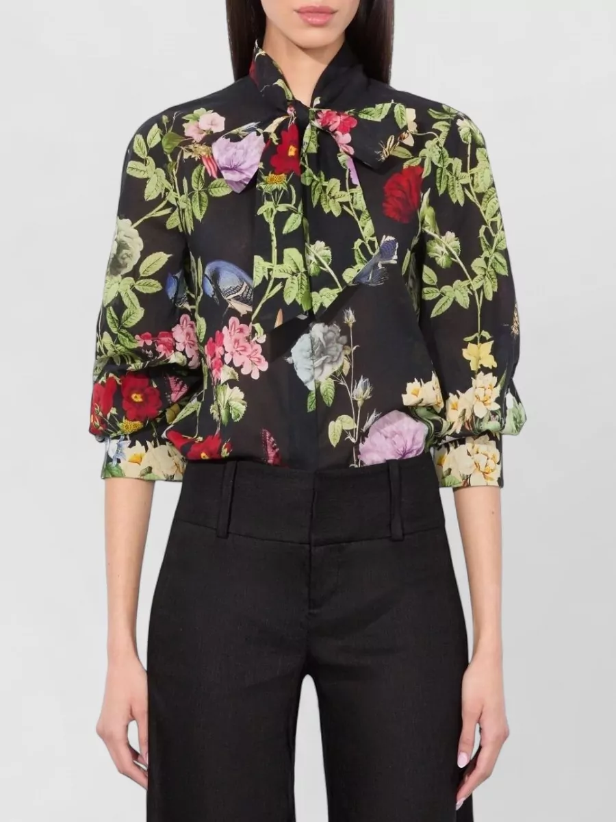 Alice + Olivia Floral-Print Pussy-Bow Cotton Blouse