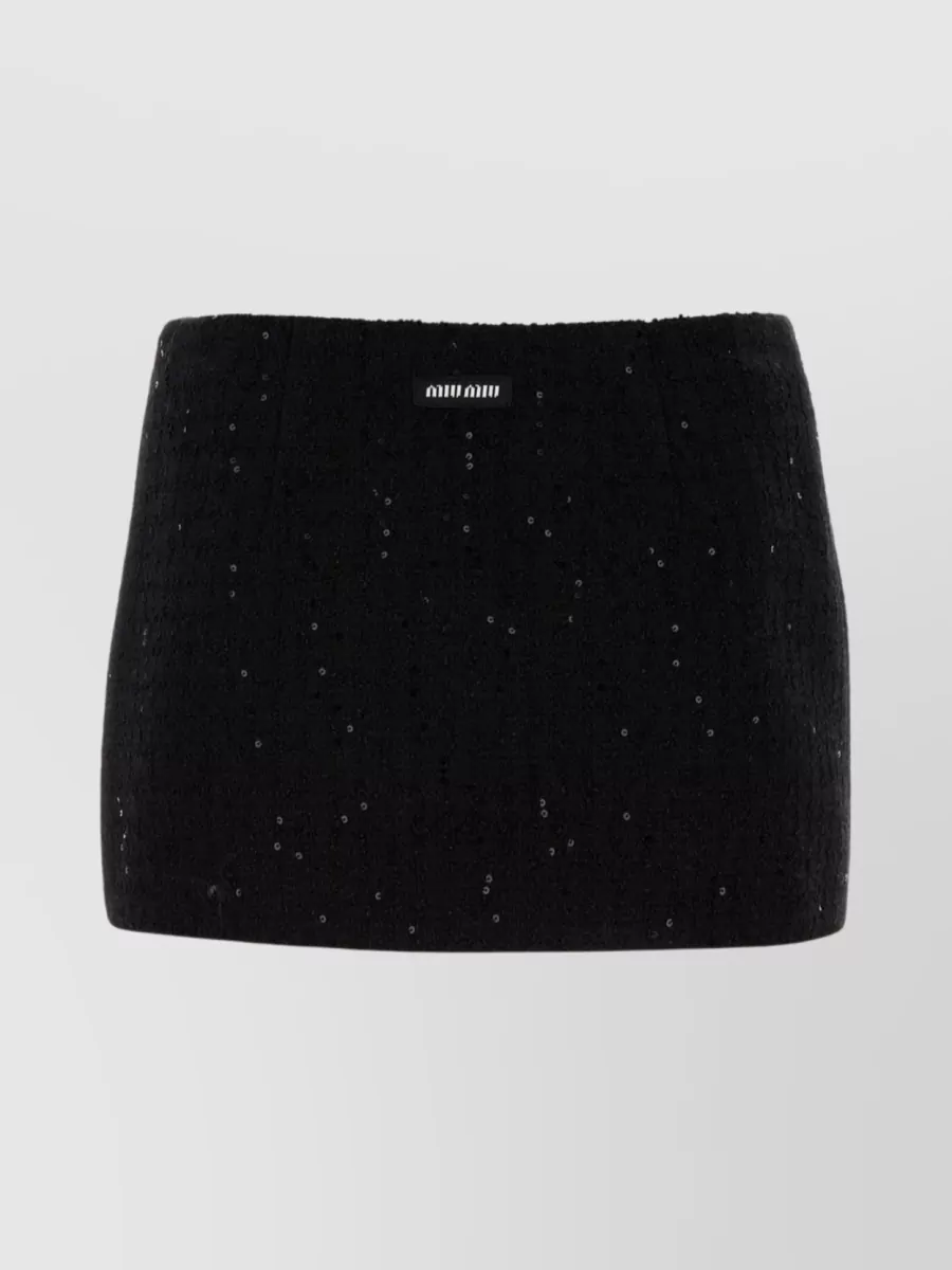 Shop Miu Miu Cotton Blend Mini Skirt With Elasticated Waistband And Embellishments In Black