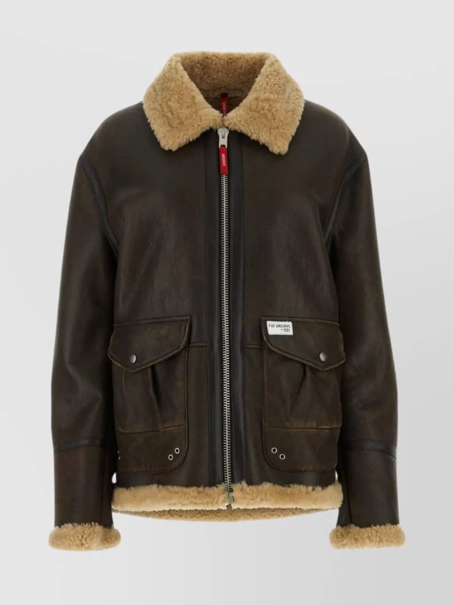 Shop Fay Shearling Collar Leather Jacket In Brown