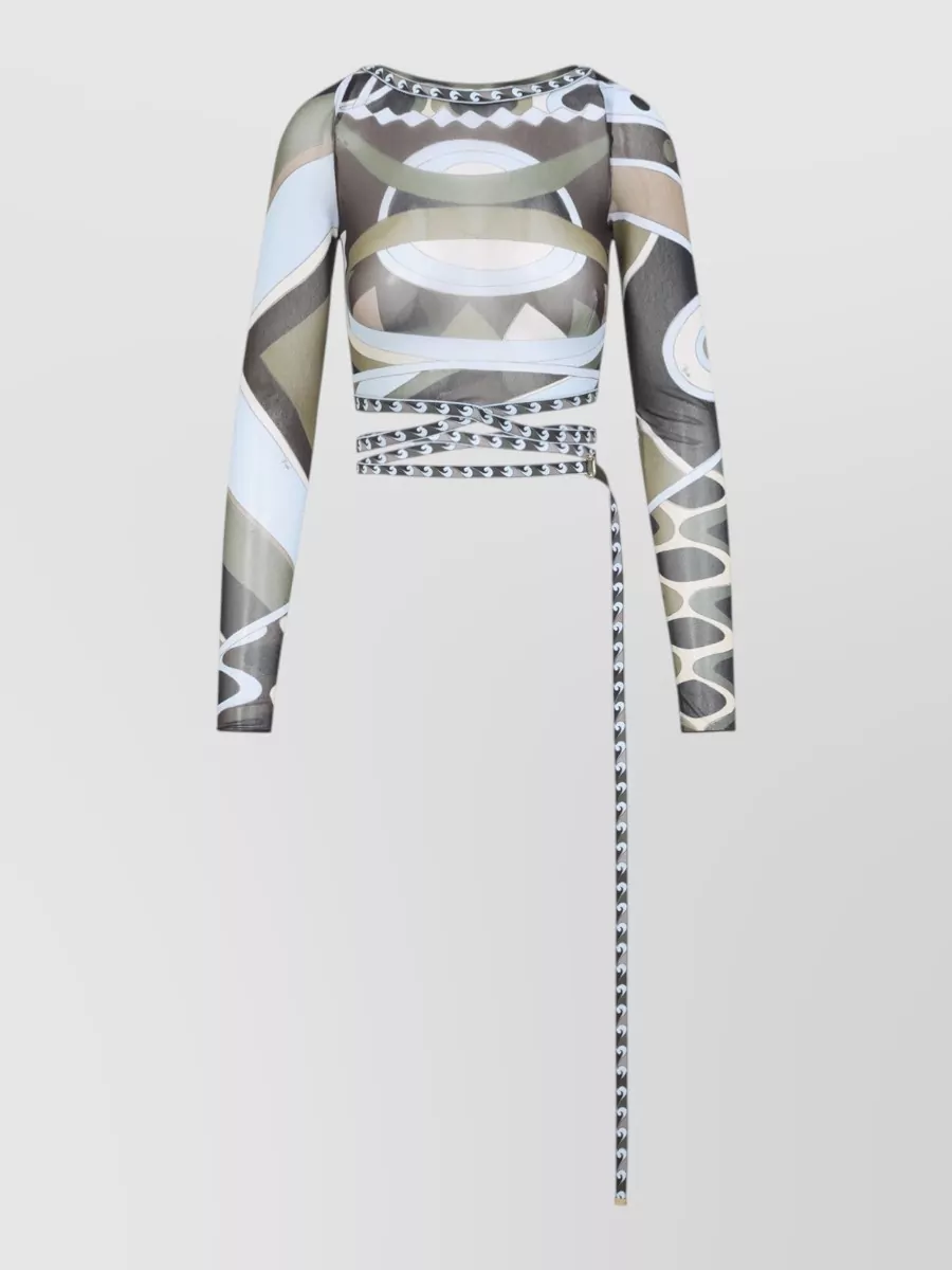 Pucci Printed Tulle Long Sleeve Crop Top