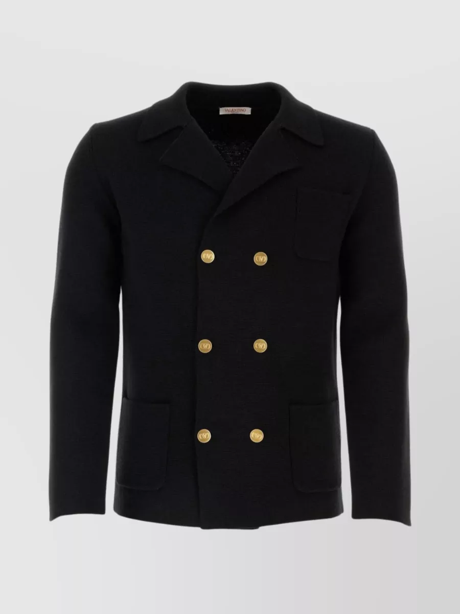 Shop Valentino Structured Double-breasted Wool Cardigan With Chest And Patch Pockets In Black