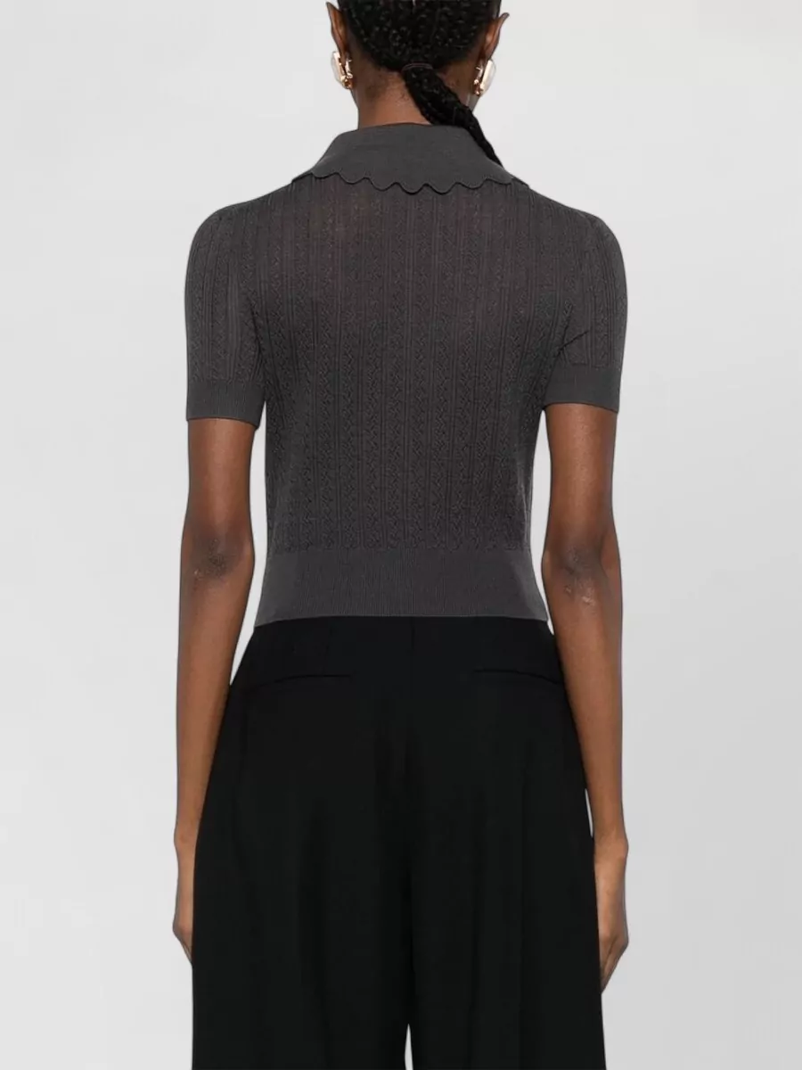 Self-Portrait Wool Floral Appliqué Scalloped-Collar Short-Sleeve Polo Top
