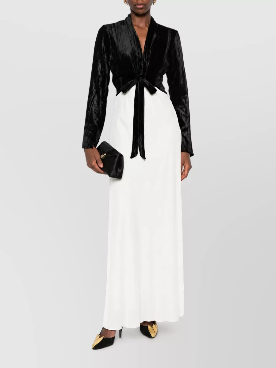 Forte Forte Two-Tone Crushed-Velvet V-Neck Long-Sleeve Flared Long Dress