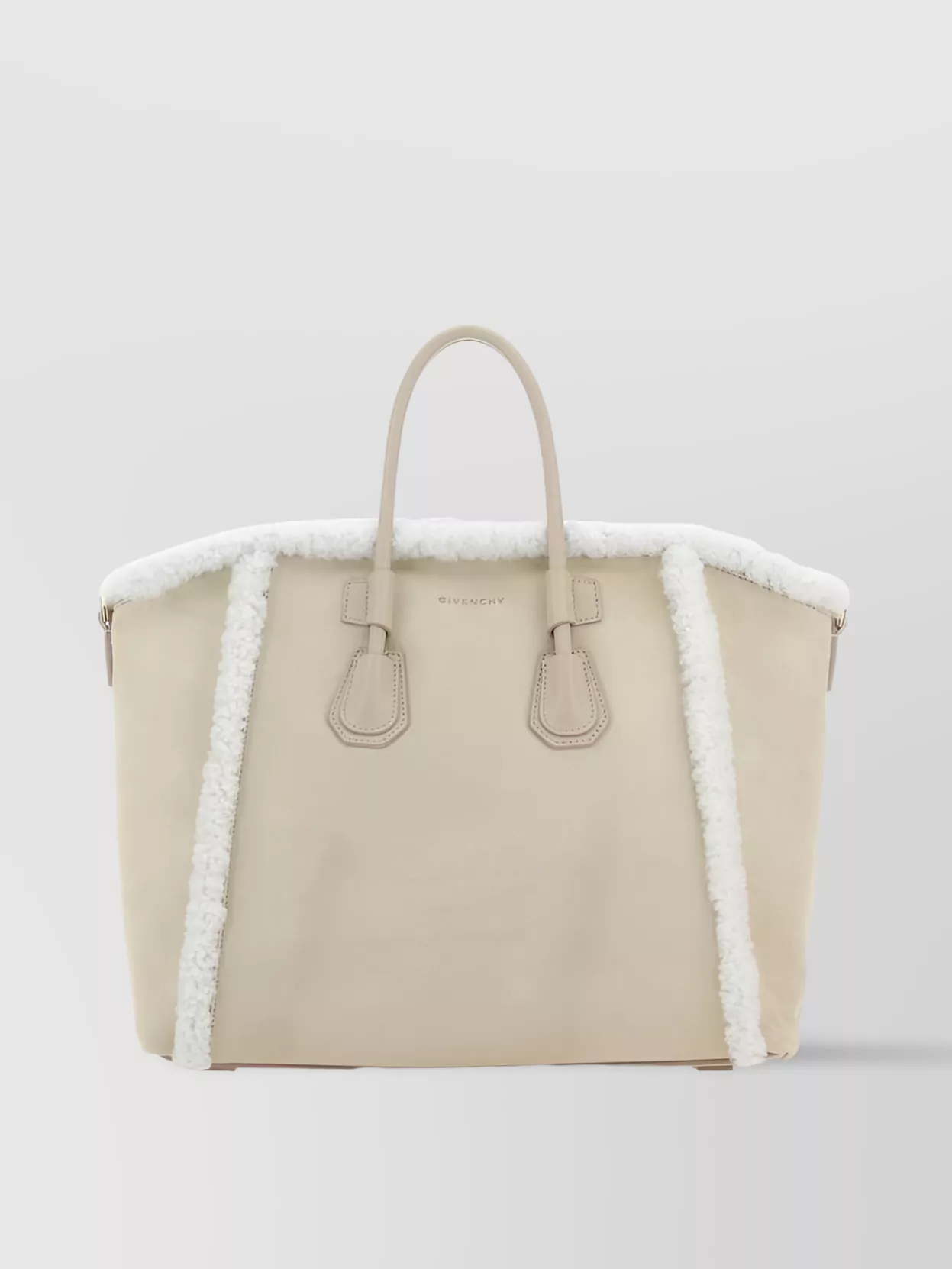 Shop Givenchy Shearling Trim Top Handle Bag In Cream