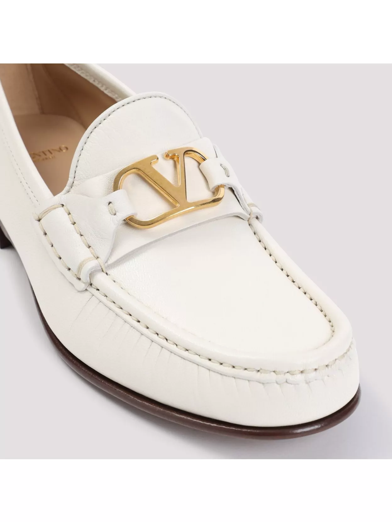 Valentino Ivory Leather Loafer With Golden Metal V Logo In White