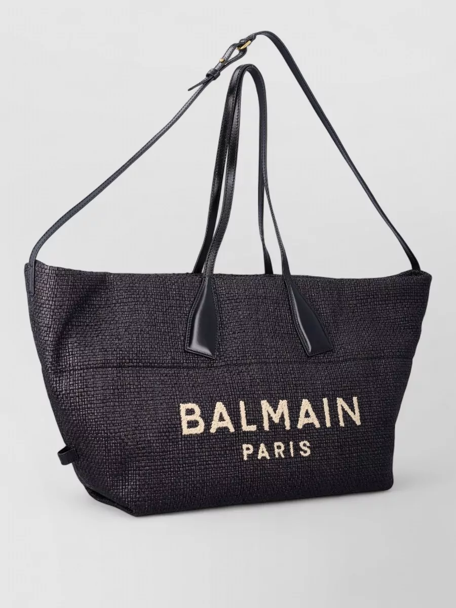 Balmain Track Medium Raffia Tote Bag