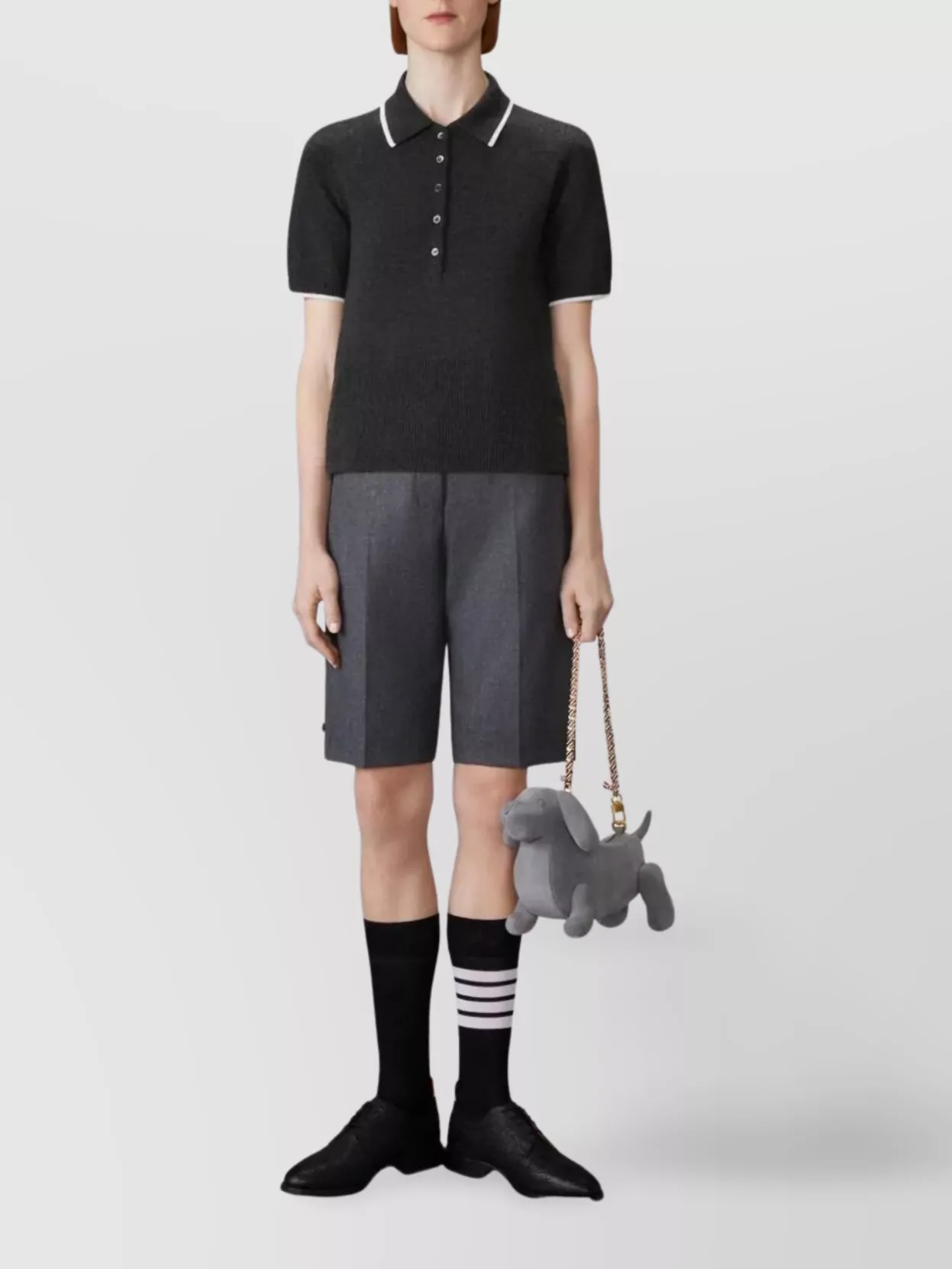 Thom Browne Cashmere Short Sleeve Polo With Ribbed Hem In Black