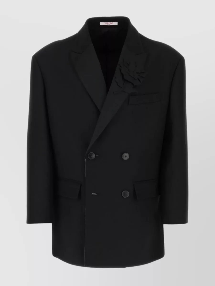 Shop Valentino Blazer Wool-silk Structured Floral Appliqué In Black