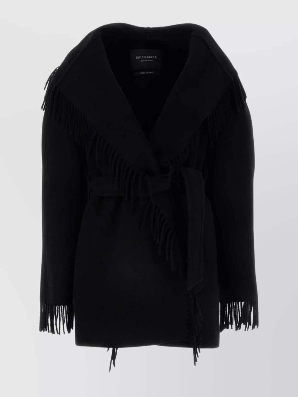 Shop Balenciaga Wool Overcoat With Belted Waist And Fringe Detailing