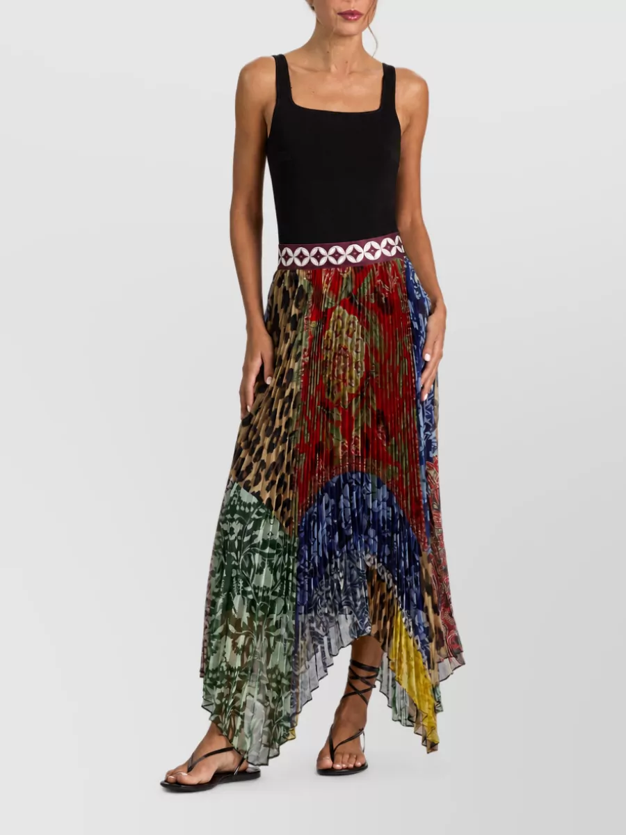 Alice + Olivia Printed High-Rise Pleated Handkerchief-Hem Maxi Skirt