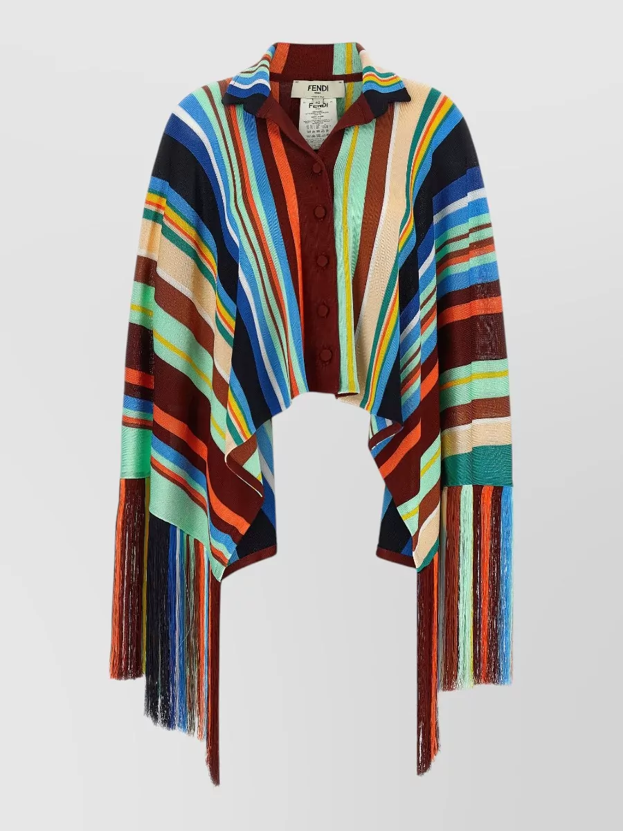 Fendi striped asymmetric cropped fringed poncho