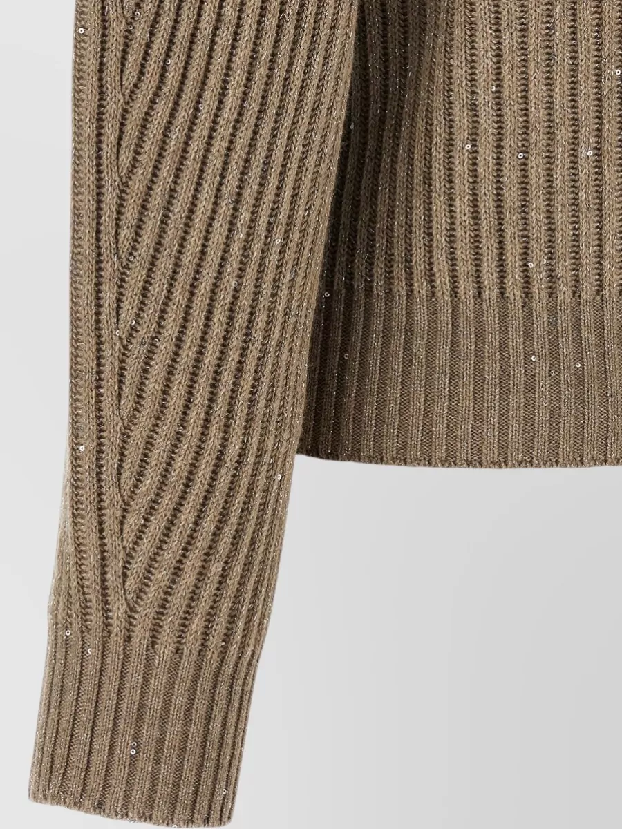 Brunello Cucinelli Cashmere Wool Blend Ribbed Crew Neck Long Sleeve Sweatshirt