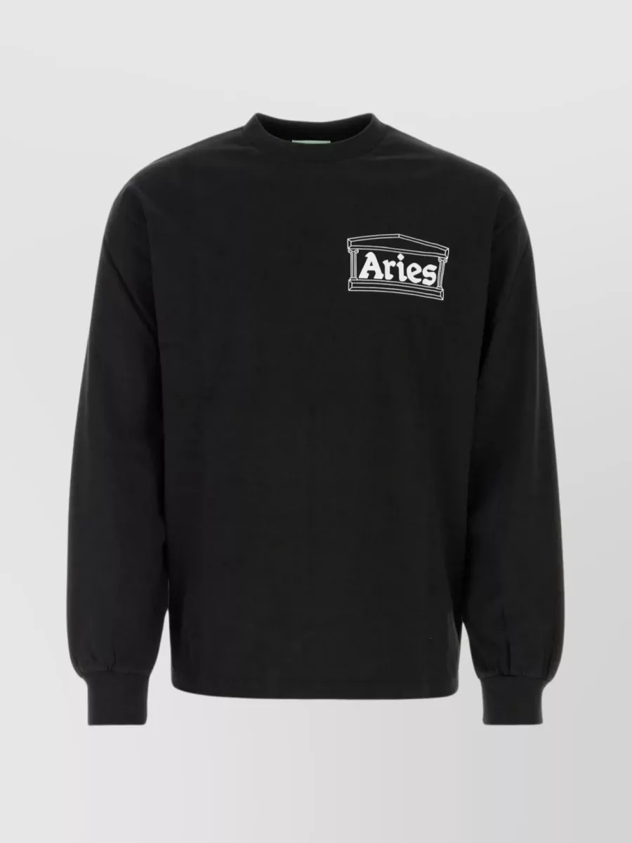 Shop Aries Ribbed Crew-neck Long Sleeve Cotton Top In Black