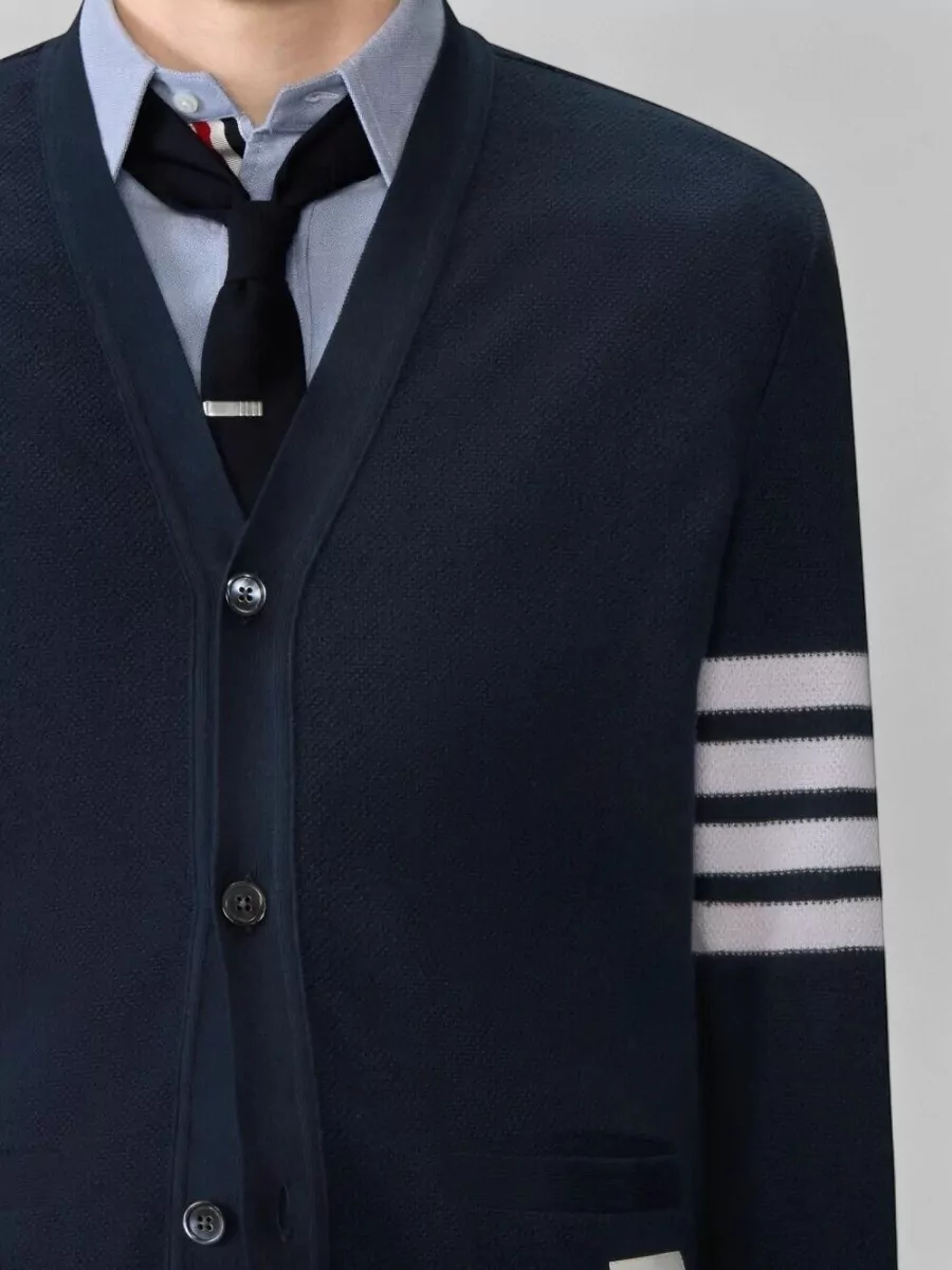 Thom Browne V Neck Cardigan Striped Detail Ribbed
