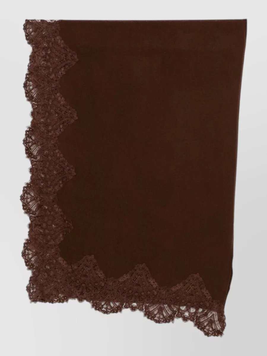 Ermanno Scervino Cashmere fine-knit floral lace-trim scarf — The Ermanno Scervino chocolate scarf introduces soft texture and a subtle lace edge that gently picks up the sweatshirt’s sculptural rose, reinforcing the romantic mood within the same deep brown family.