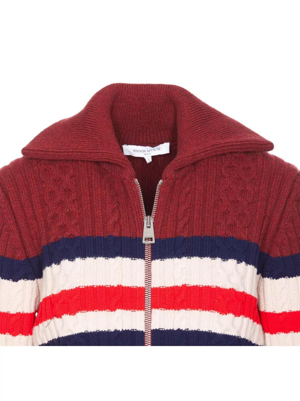 MAISON KITSUNÉ CABLE KNIT STRIPED HIGH NECK CARDIGAN 