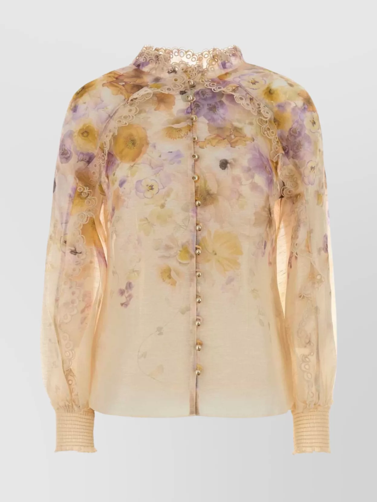 Zimmermann Silk Linen Floral-Print Ruffled Long-Sleeve Blouse