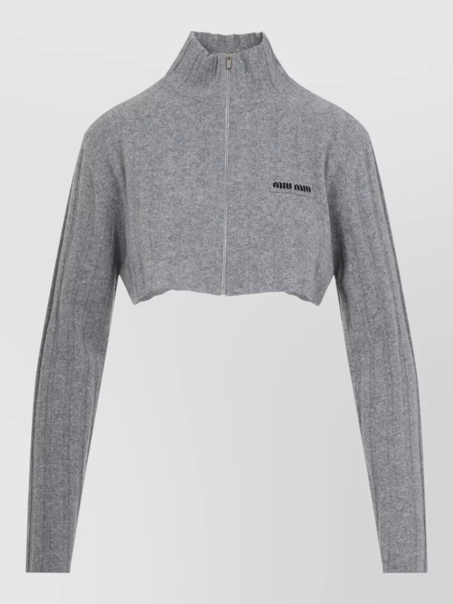 Miu Miu Cropped Knit Cardigan High Neck Long Sleeves