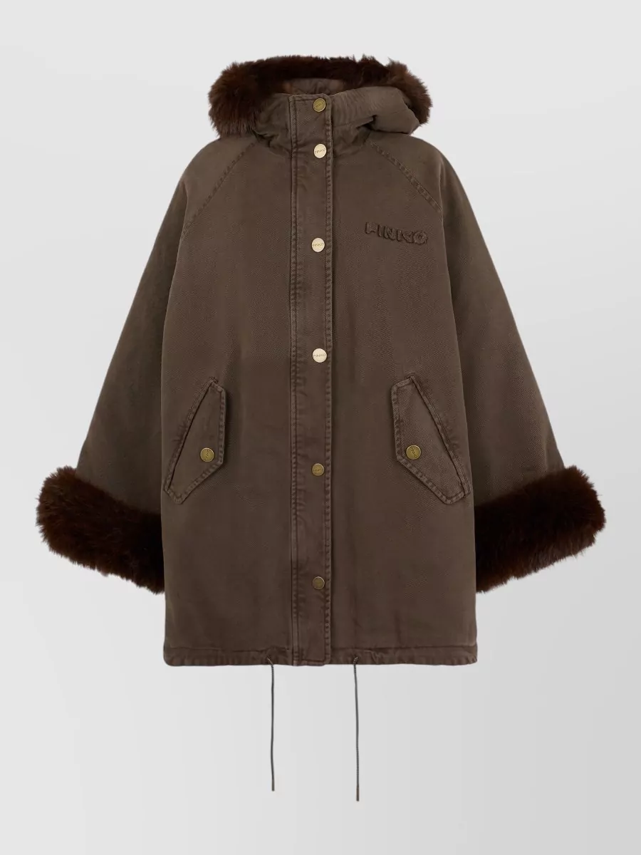 Pinko cotton hooded faux fur sleeve oversized coat