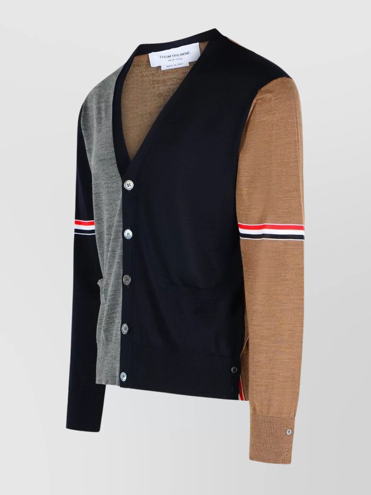 Thom Browne Navy/grey/brown Wool Cardigan In Black
