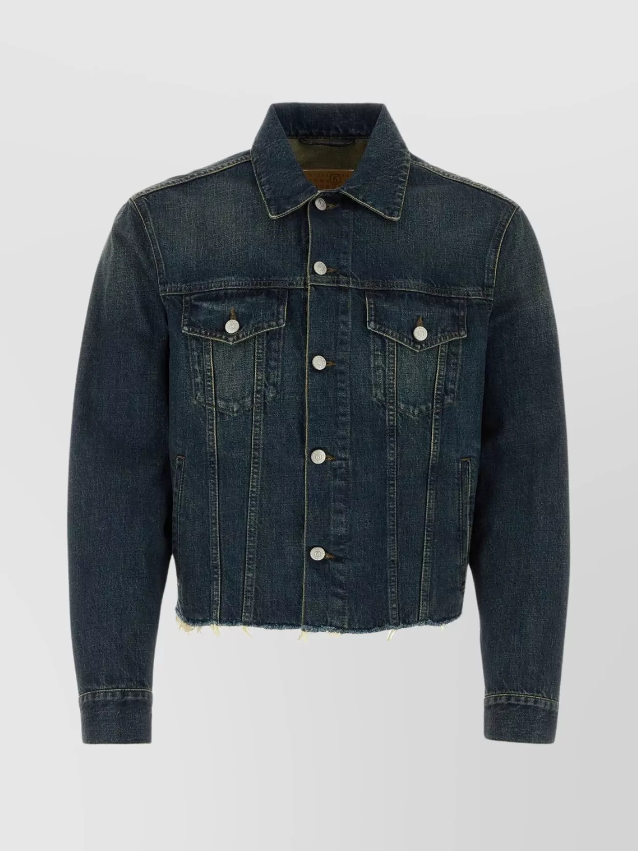 Shop Mm6 Maison Margiela Raw-cut Hemline Denim Jacket With Chest And Front Pockets In Blue