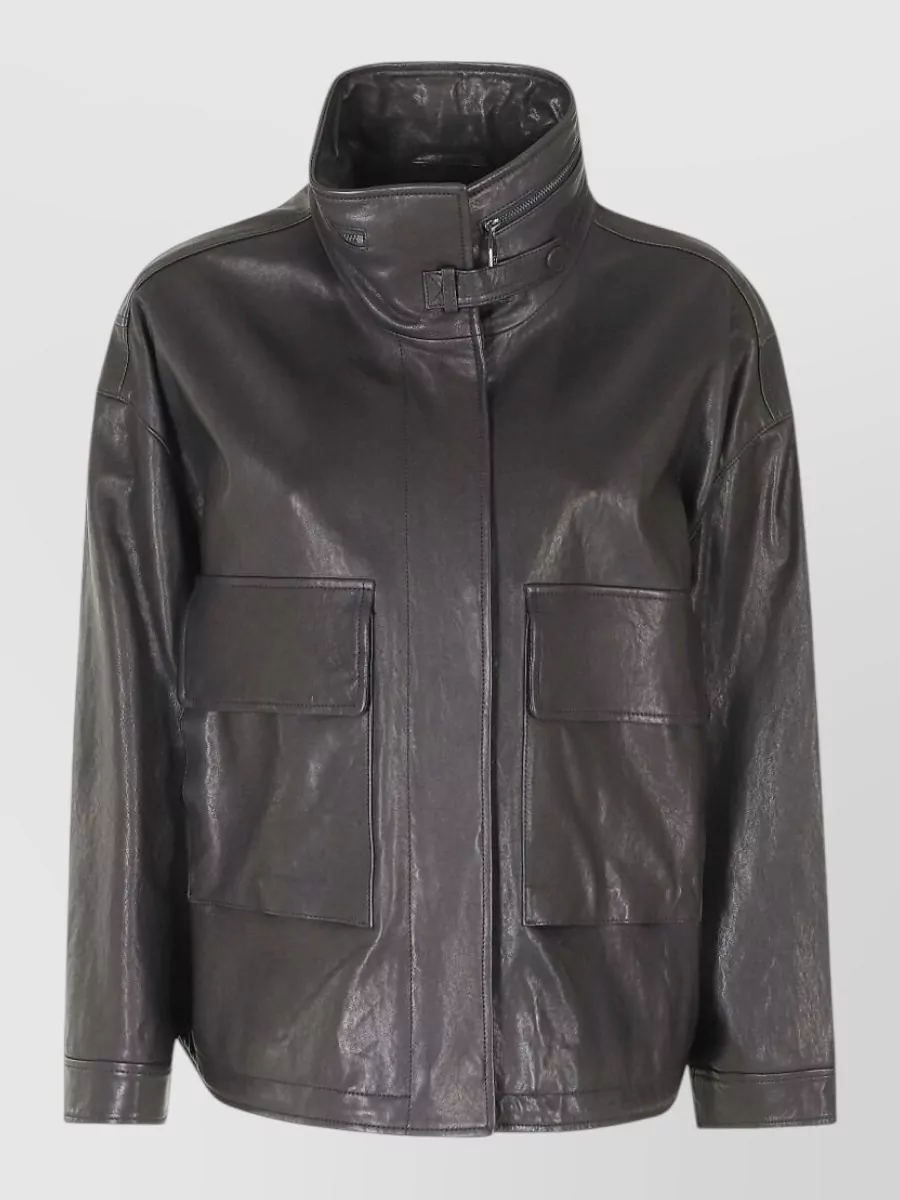 Emporio Armani lamb leather high neck single breasted coat
