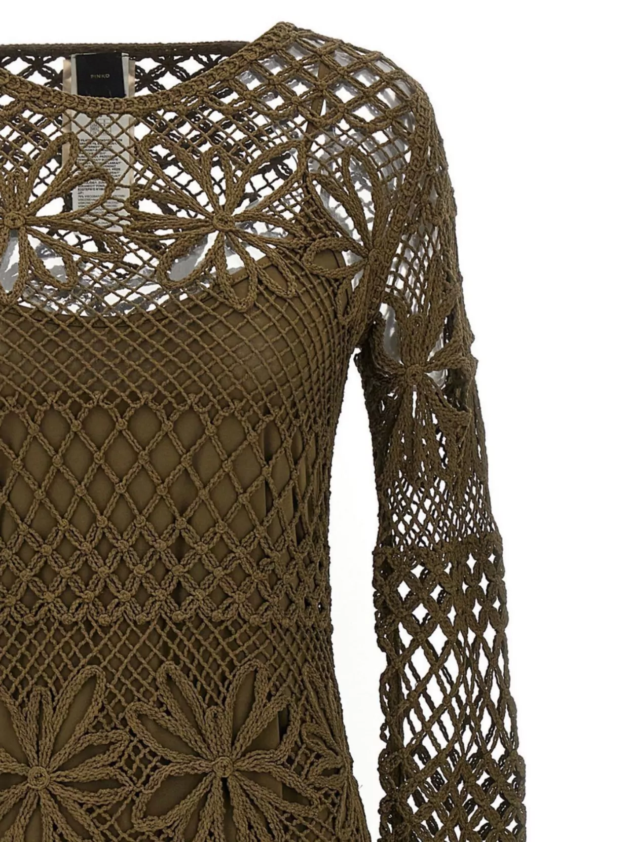 Pinko 'ortles' Green Crewneck Long Dress With Fishnet Design And All-over Floral Embroidery