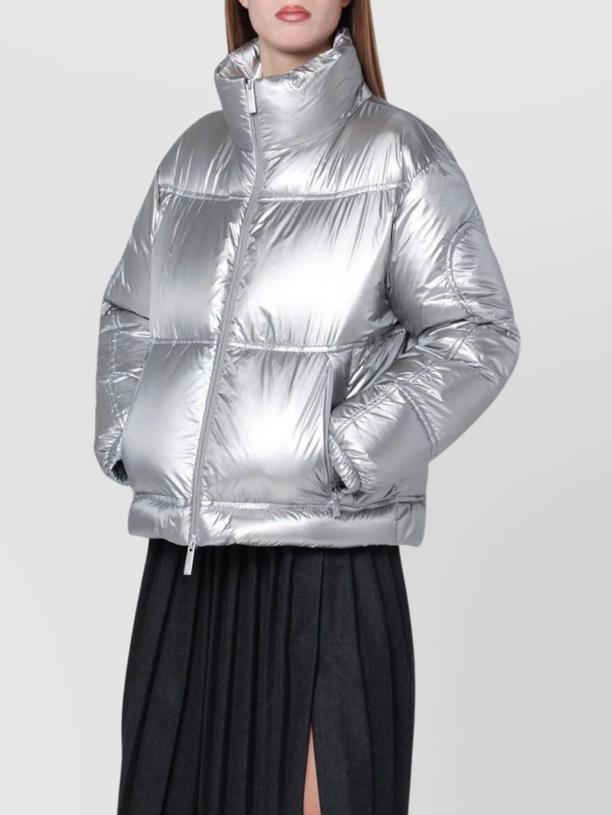 Herno Metallic Quilted High Collar Jacket In Silver