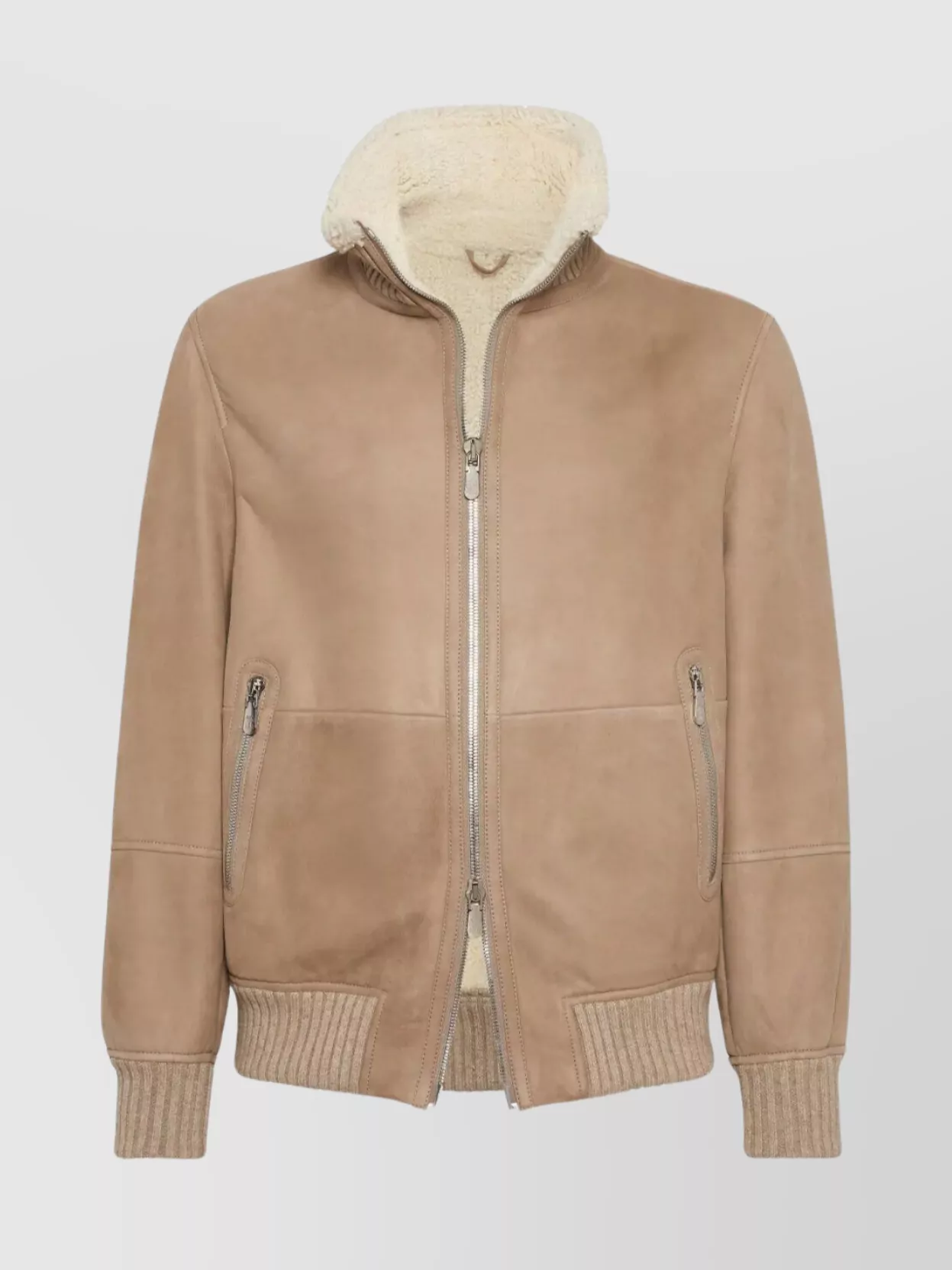 Brunello Cucinelli Bomber Jacket With Shearling Collar And Ribbed Finish In Pink