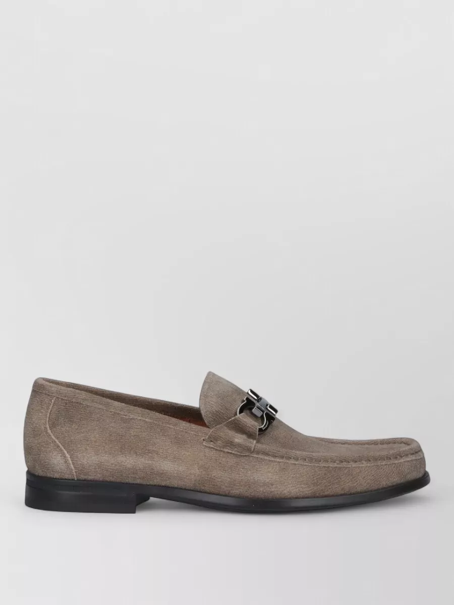Ferragamo Loafers Round Toe Suede Metallic Buckle