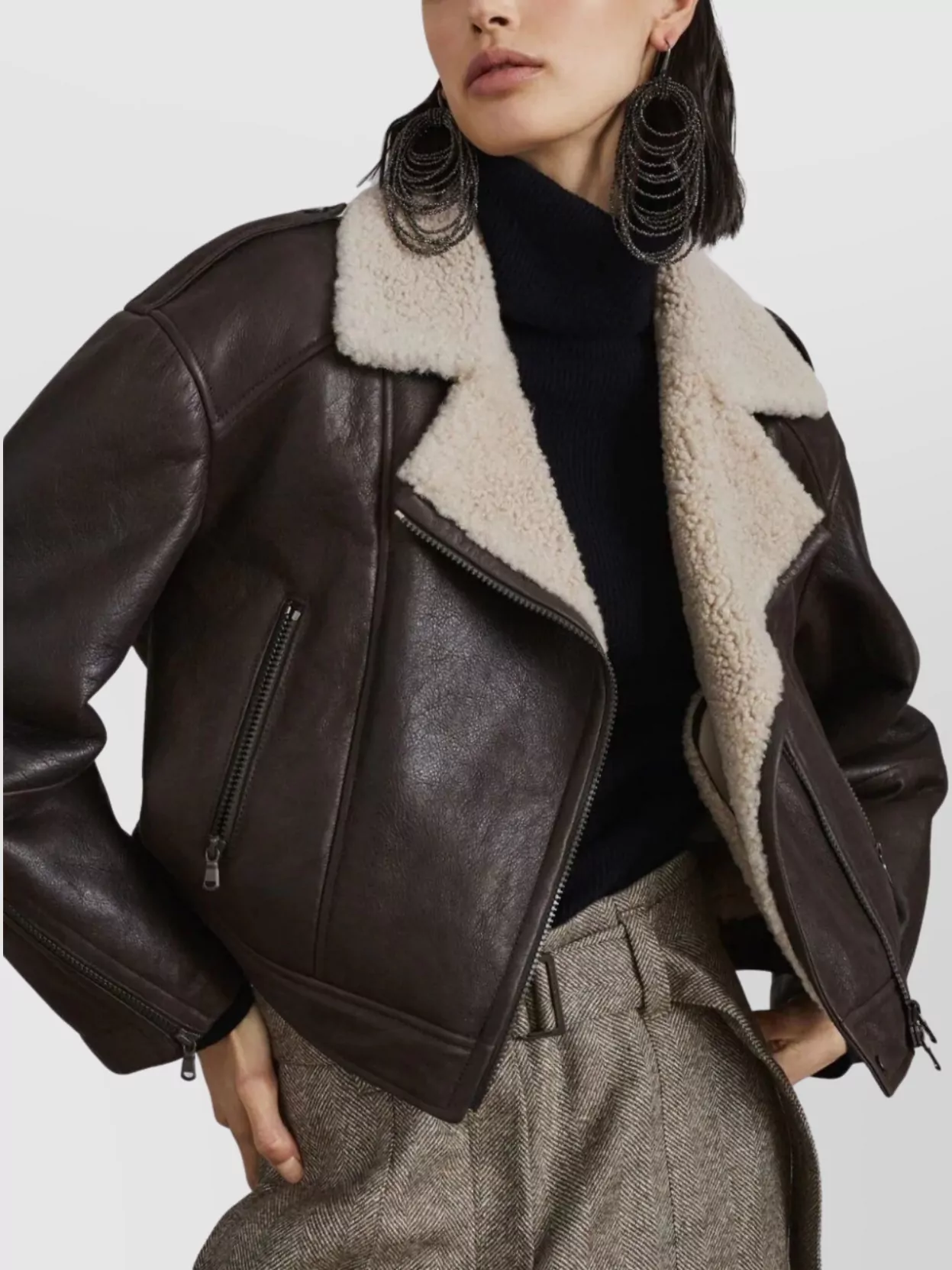 Brunello Cucinelli Shearling Collar Leather Biker Jacket