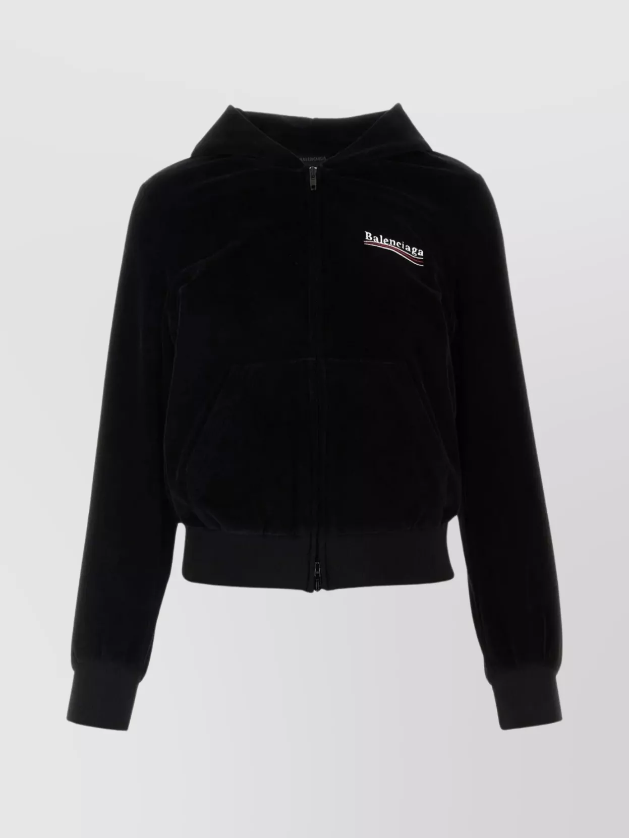Balenciaga Cotton Velvet Hooded Sweatshirt With Front Pockets In Black