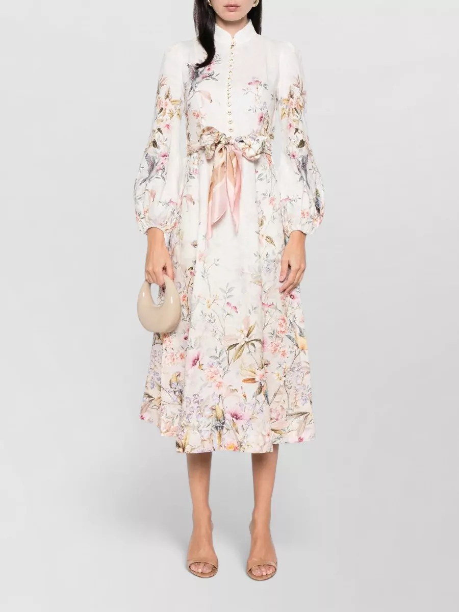 Zimmermann Linen Floral-Print High-Neck Button Midi Dress
