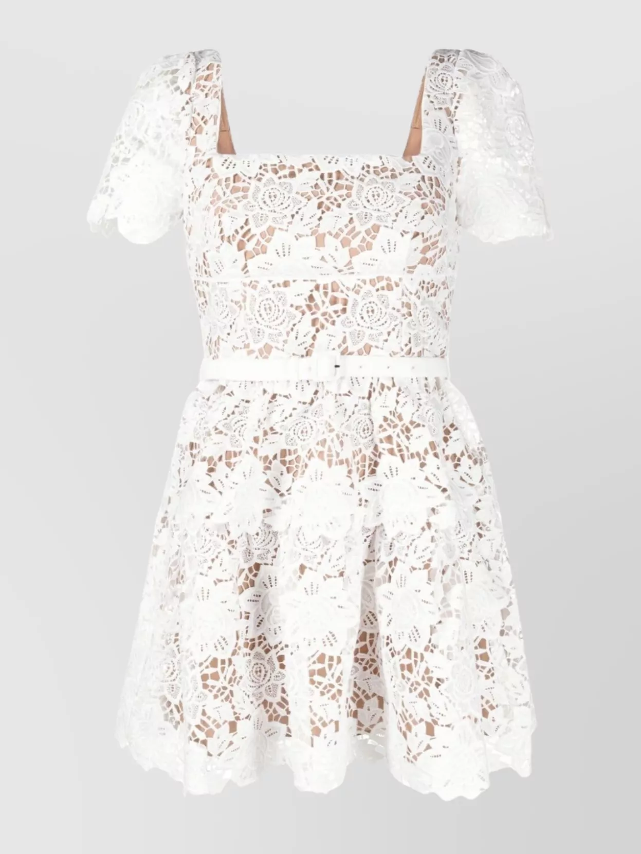 Self-Portrait Belted Lace Overlay Mini Dress