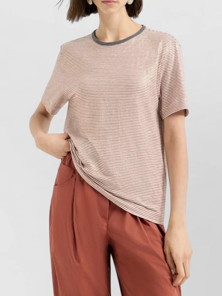 Brunello Cucinelli Striped Linen Crew Neck Short-Sleeve T-Shirt