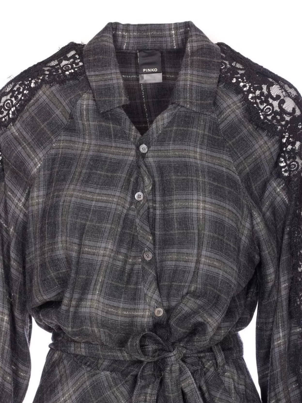 Pinko Plaid Dress With Belted Waist And Lace