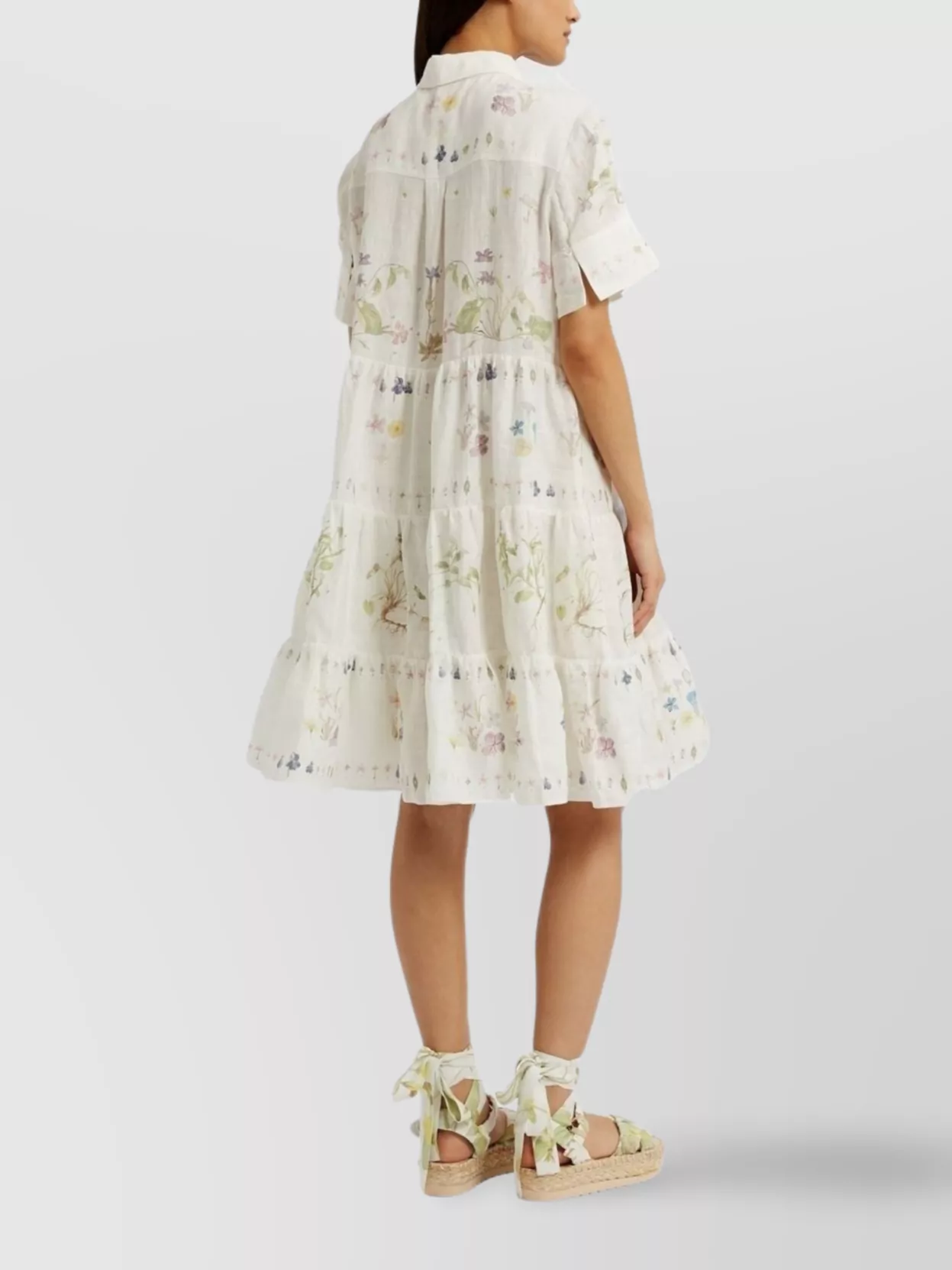 Shop Erdem Tiered Linen Dress With Short Sleeves And Floral Print