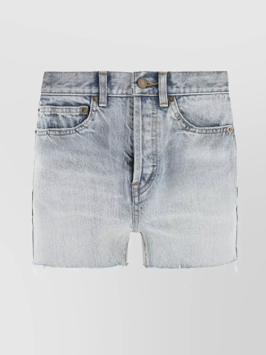 Shop Saint Laurent Faded Frayed Denim Shorts In Grey