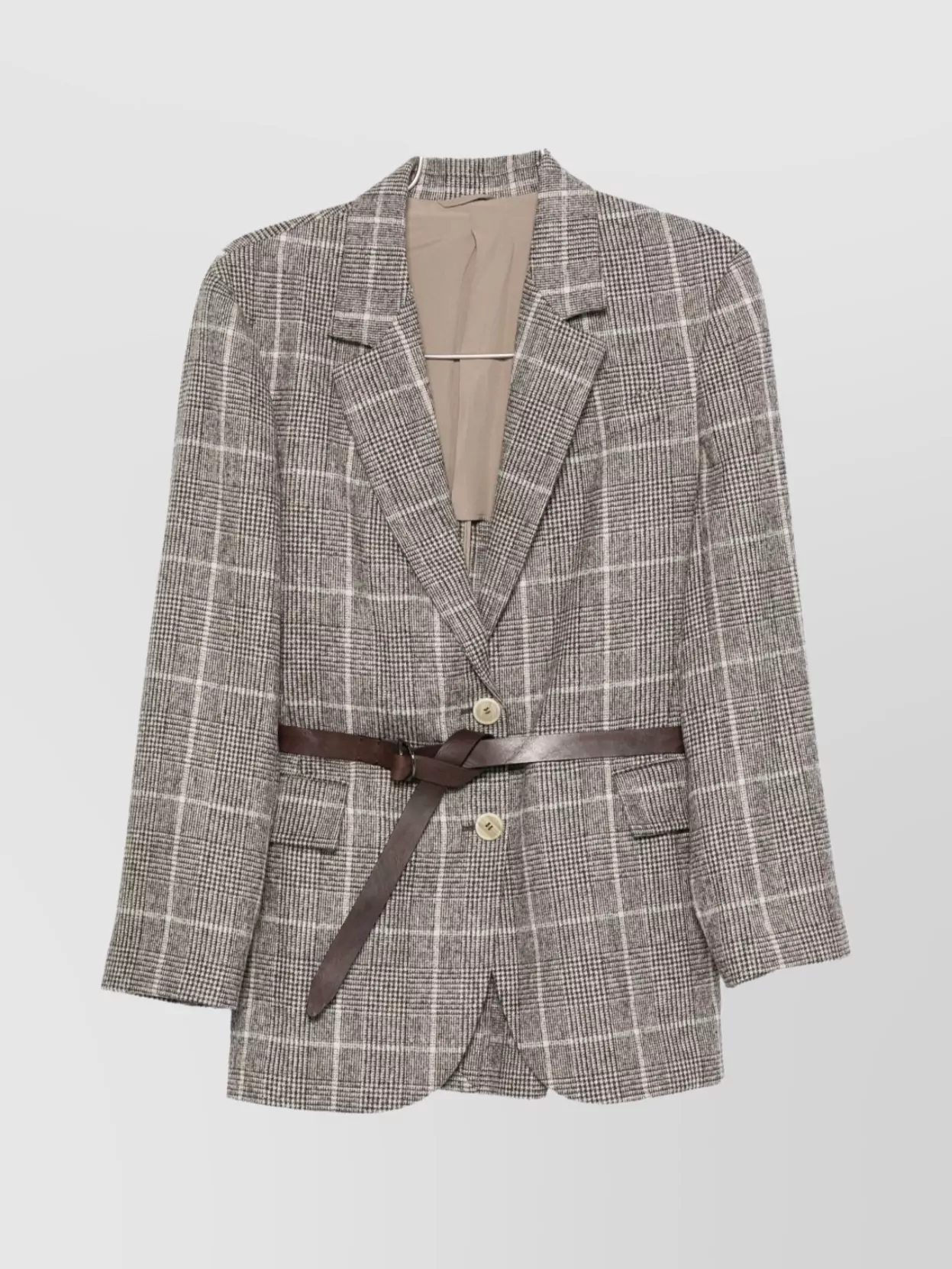 Brunello Cucinelli Belted Checked Wool Jacket With Pockets