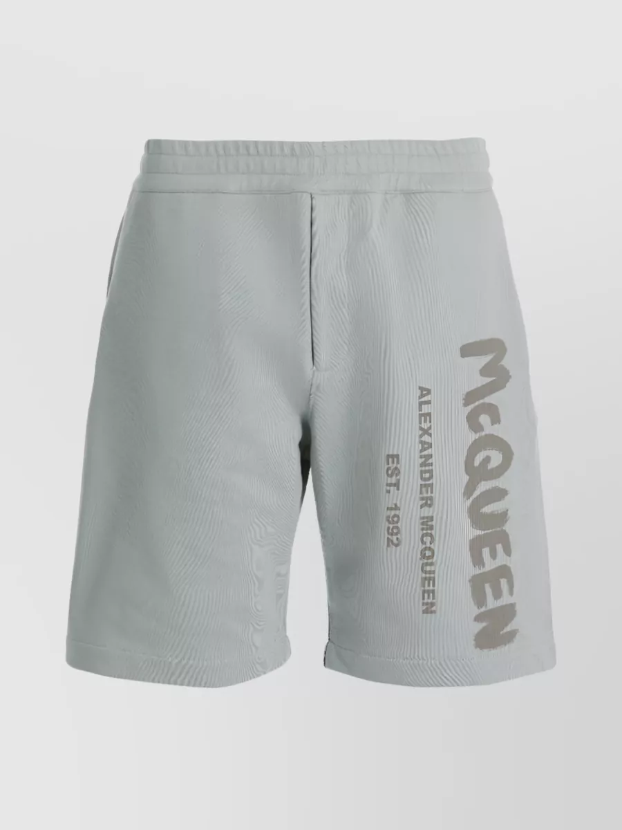 Shop Alexander Mcqueen Logo Print Cotton Track Shorts In Grey