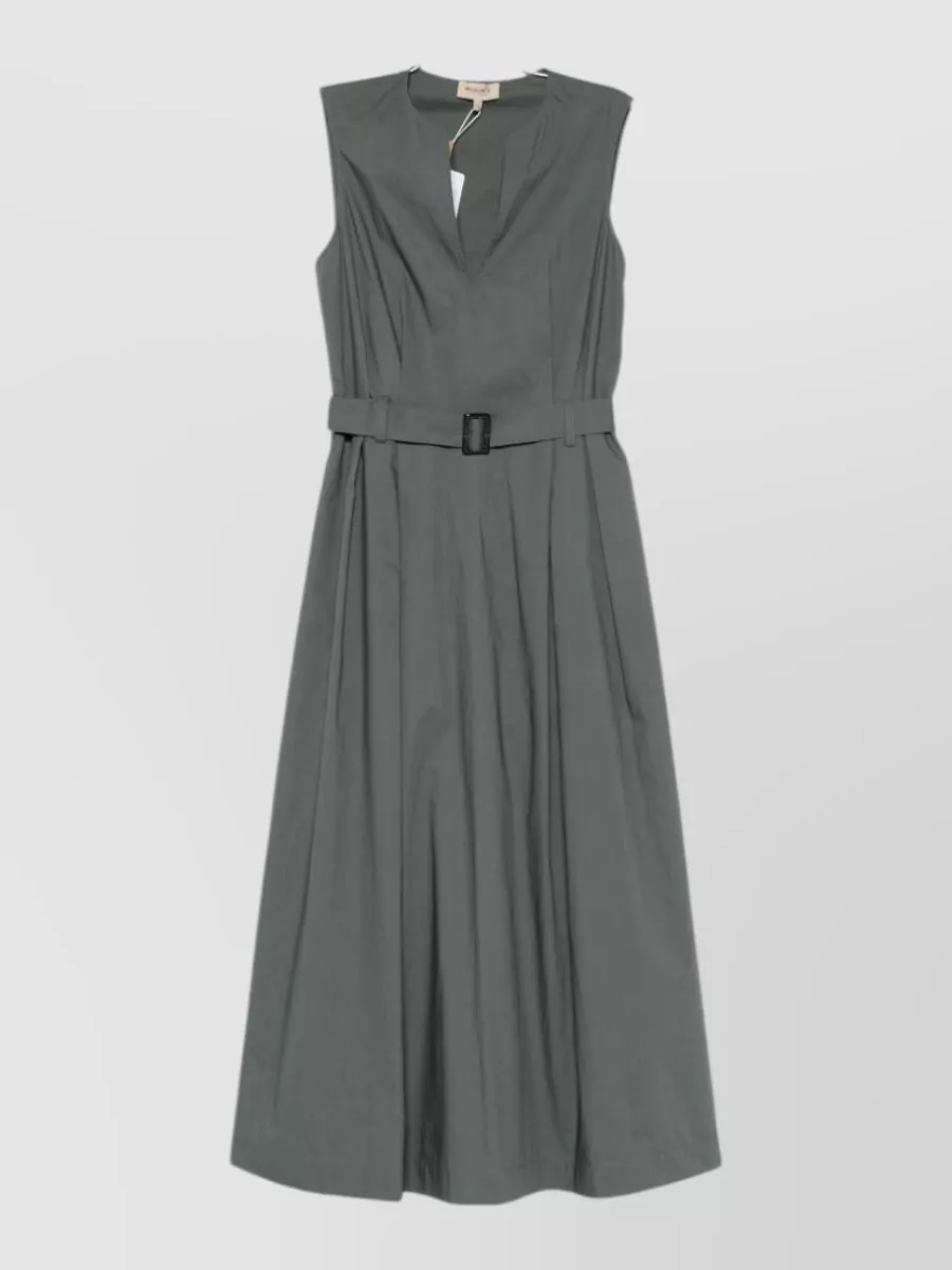 Woolrich Belted Cotton Midi Dress Pleated Skirt In Gray