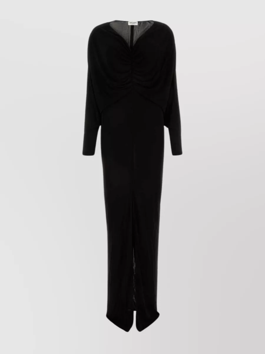 Shop Saint Laurent Viscose Long Dress With Velvet Texture In Black