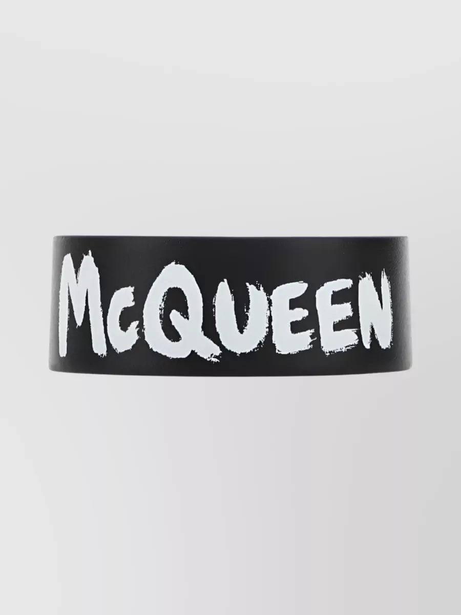 Shop Alexander Mcqueen Graffiti Leather Bracelet With Engraved Logo In Black