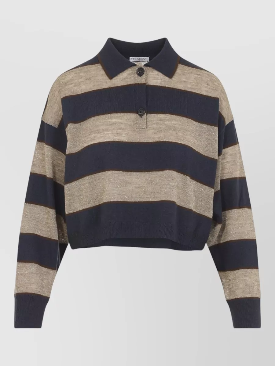 Brunello Cucinelli Wool cashmere silk striped cropped long-sleeve polo top