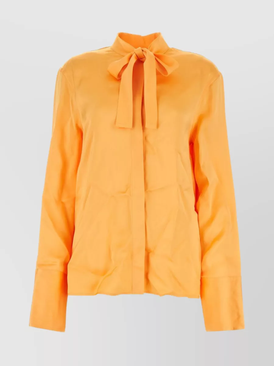 Shop Jil Sander Satin Shirt With Hemline Slits And Bow Collar In Yellow