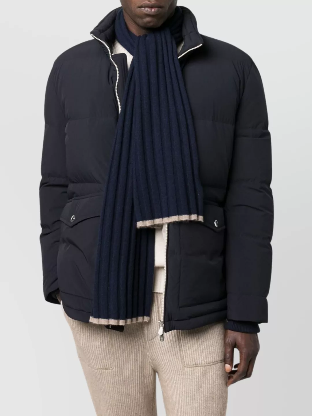 Brunello Cucinelli Ribbed Knit Cashmere Scarf With Two-tone Border